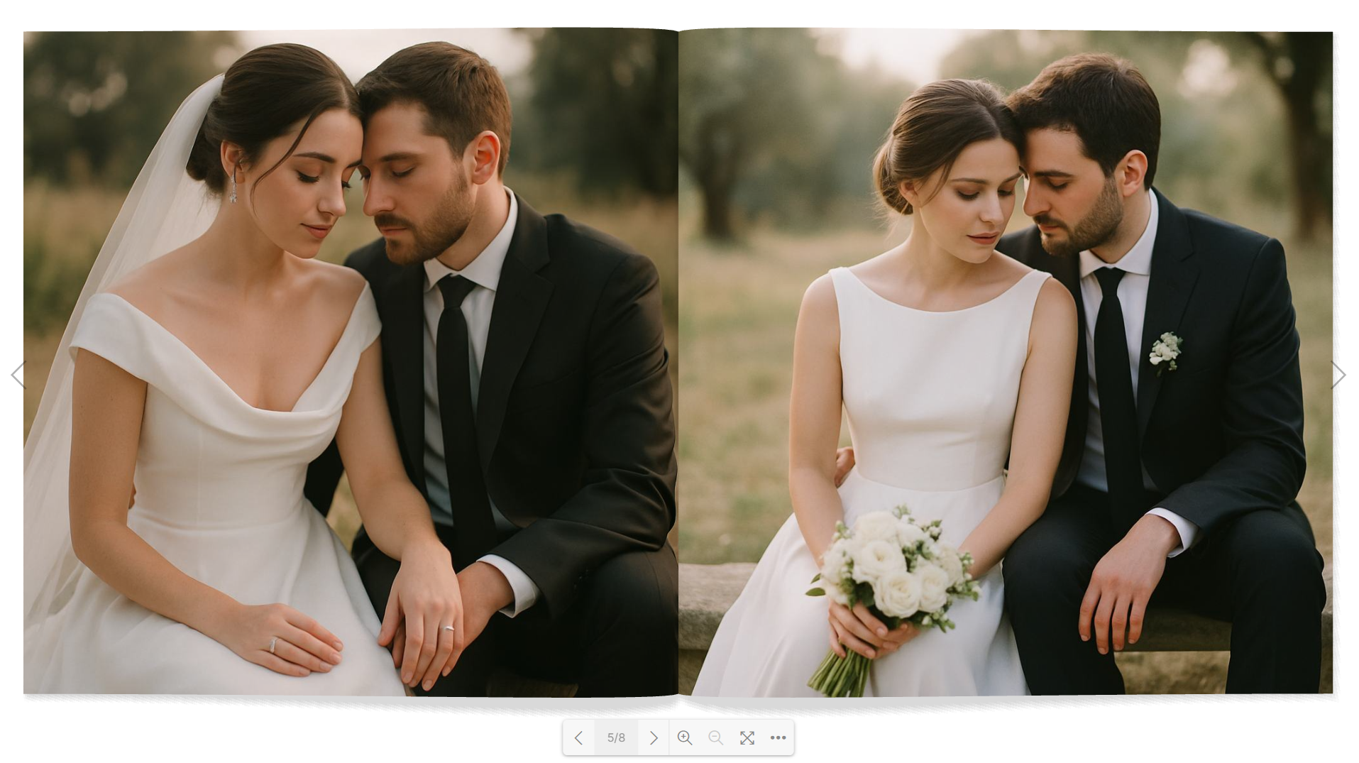 Digital wedding flipbook interface showing open album with navigation