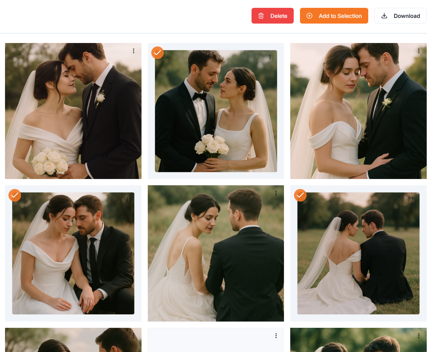 Wedding photo selector interface showing grid of photos with selection options